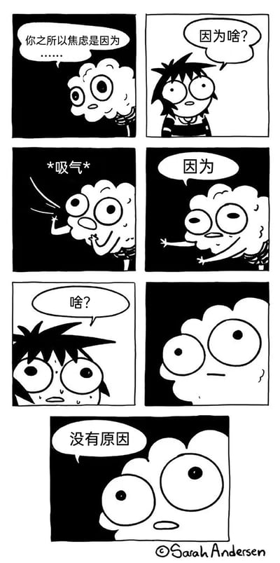 这是由Sarah Andersen创作的一组黑白连环卡通漫画，通过拟人化的焦虑形象与主角女孩的对话，生动描绘了无来由的焦虑这种普遍的情绪体验。漫画共七格：第一格中，云朵形态的焦虑形象欲言又止，准备解释焦虑的原因；第二格主角女孩疑惑地询问原因；第三格焦虑形象深吸一口气，像是要郑重说明；第四格它只说出“因为”便停顿；第五格主角女孩变得紧张冒汗，急切追问；第六格焦虑形象露出茫然的神情；最后一格它无奈地给出“没有原因”的回答，精准戳中了许多人被莫名焦虑困扰的状态，用幽默的方式展现了情绪上的无力与共鸣感。