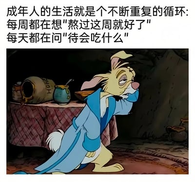 图片上方为黑色文字：'成年人的生活就是个不断重复的循环: 每周都在想"熬过这周就好了" 每天都在问"待会吃什么"'。下方是卡通兔子角色，身着蓝色睡袍，单手撑着脸，眼神疲惫地低着头，背景中有一张铺着格子桌布的桌子，上面放着蜂蜜罐等物品，整体画面通过文字与角色表情的结合，幽默地表达了成年人对重复日常的无奈与疲惫感。
