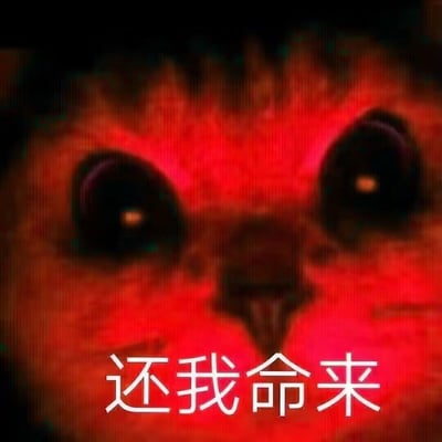 这是一张经过二次创作的恶搞表情包，画面主体是一只猫咪的脸部特写，被红色滤镜渲染后呈现出诡异的暗红色调，猫咪的大眼睛在昏暗模糊的效果下显得惊悚诡异，下方配有白色文字“还我命来”，将原本的猫咪形象赋予了阴森的“索命”感，整体氛围戏谑又带点恐怖，常用于朋友间调侃、开玩笑式的追责或者恶搞整蛊场景，用夸张的方式表达不满或“讨说法”的情绪。