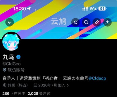 图片展示了X.com用户「九鸟」（@CldGeo）的个人主页截图。顶部背景为彩色渐变条纹，显示时间18:30、5G网络信号及91%电量。个人资料区包含圆形动漫头像（蓝色头发、绿色眼睛的可爱女孩形象），用户名「九鸟」旁有蓝色verified认证标识，账号ID为@CldGeo，标签标注「戏仿账号」。个人简介内容为「音游人｜运营兼策划「初心者」云鸠の本命号@Cldeoop」，下方显示「鹊巢（鸠占）」及「2020年7月加入」的注册信息，底部数据栏显示「286正在关注 2,026关注者」。