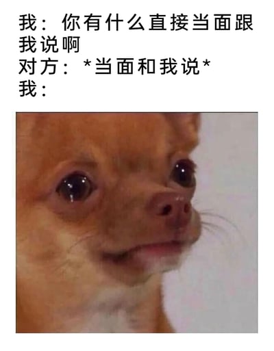 这是一张搞笑梗图，通过三段递进的对话搭配一张委屈流泪的吉娃娃图片，生动呈现了一个人嘴上硬气地要求对方当面沟通，可当对方真的准备当面交流时，自己却瞬间陷入委屈、怯懦状态的场景。内容精准戳中了部分人嘴硬心软、害怕直面冲突的社恐或口是心非的日常状态，用强烈的言行反差感制造出搞笑效果，容易引发网友的共鸣，适合用来调侃自己或他人这类口是心非的时刻。