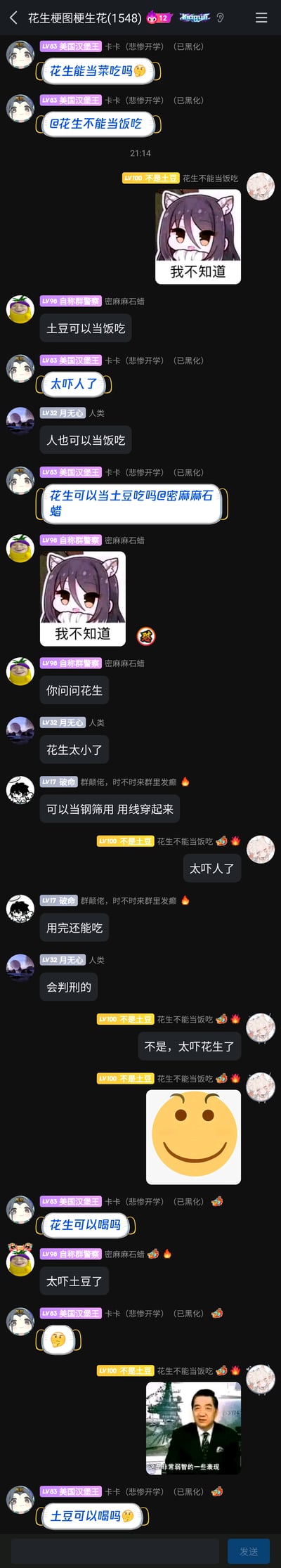 这是一张QQ群聊的截图，群名为“花生梗图梗生花(1548)”，群成员“美国汉堡王（卡卡）”发起关于花生的无厘头提问，先是问“花生能当菜吃吗”并@“花生不能当饭吃”，随后群成员们围绕花生、土豆展开一系列搞笑的无厘头对话，比如“土豆可以当饭吃”“人也可以当饭吃”“花生可以当土豆吃吗”，还有成员脑洞大开说花生“可以当钢筛用 用线穿起来 用完还能吃”，对话中穿插了多个表情包，包括猫耳女孩“我不知道”的表情包、滑稽表情，以及带有“这是非常愚蠢的一些表现”文字的人物梗图，整体氛围轻松搞笑，充满群友间的玩梗趣味。