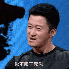 这是一张改编自演员吴京采访/节目画面的表情包，图中吴京眉头紧皱，面部表情紧绷，带着强硬不满的气场，下方配有文字‘你不服干死你’，用直白且充满攻击性的话语，传递出不服就刚、强势怼人的情绪，适合在争执、放狠话的场景中使用。