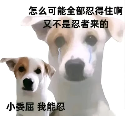 图片包含两只狗，前方小狗表情平静，配文'小委屈 我能忍'；后方大狗眼含泪水，配文'怎么可能全部忍得住啊 又不是忍者来的'。通过对比两只狗的状态和文字，表达了从忍受小委屈到无法承受所有委屈的情绪转变，利用'忍者'一词制造幽默效果。