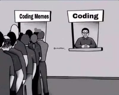 黑白卡通图中，左侧标有'Coding Memes'的 booth 前排起长队，人们争相涌入；而右侧标有'Coding'的 booth 内仅有一位戴眼镜的男子独自坐着，形成鲜明对比。该图幽默地表现出在编程相关内容中，人们对轻松有趣的编程梗图的喜爱远胜于实际编程工作本身。