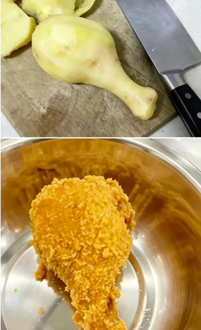 这是一张上下拼接的趣味对比图，上半部分展示了一块被削去外皮的生姜，其外形轮廓、弧度都和鸡腿高度相似，放置在木质菜板上，旁边还有其他切下的姜块和一把菜刀；下半部分展示了一块外皮金黄酥脆的炸鸡腿放在不锈钢盆中，炸鸡腿的外形和上方的生姜几乎一致，形成极具戏剧性的巧合效果，充满趣味。