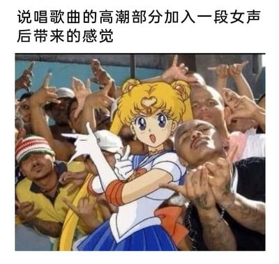 这是一张搞笑P图作品，将经典动画《美少女战士》里的主角月野兔（水冰月）合成到一群充满街头说唱风格的真实人群画面中。周围的真实人物都摆出说唱标志性的手势，表情投入沉醉，水冰月也模仿着做出类似的手势，脸上带着惊讶又投入的神情。搭配图上方的文字“说唱歌曲的高潮部分加入一段女声后带来的感觉”，精准地用视觉化的方式呈现了硬核说唱风格与柔美女声之间的强烈反差，这种违和却又奇妙的融合感，生动诠释了听众在听到这类歌曲时那种既意外又被深深吸引的体验，充满了搞笑与共鸣感。