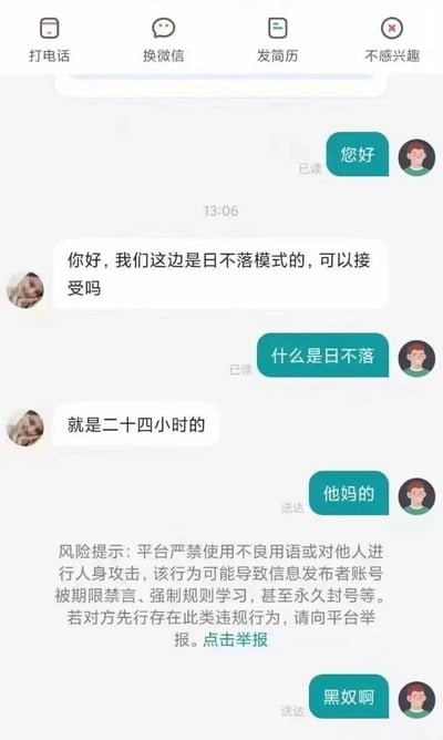 这是一张竖屏的求职招聘平台聊天记录静态截图，界面顶部设有“打电话、换微信、发简历、不感兴趣”四个功能按钮。对话流程为：求职者先发送“您好”开启沟通，招聘方询问求职者是否能接受“日不落模式”的工作制度，求职者疑惑询问“什么是日不落”，招聘方解释该模式为“就是二十四小时的”。得知是全天工作制后，求职者情绪爆发，发送了不良用语“他妈的”，随即平台弹出风险提示，明确告知用户平台严禁使用不良用语或人身攻击，违规行为会导致账号禁言、强制学习甚至永久封号，同时提供举报入口；之后求职者又发送“黑奴啊”，以此吐槽24小时工作制如同压榨黑奴，表达对该不合理工作制的强烈不满。整个截图既展现了求职沟通中遇到的不合理职场要求，也体现了平台对用户发言的监管机制。