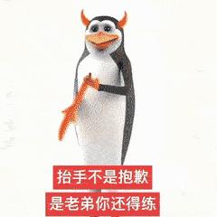 一只3D建模的企鹅，戴着墨镜、打着领带，头上还长着两个小角，右手高高抬起握着一根橙色棍子，表情带着得意的戏谑感。企鹅下方有红色背景的白色文字标语：“抬手不是抱歉 是老弟你还得练”。整体呈现出“笨拙体态+精英装扮”的强烈反差萌，精准契合年轻人“体面发疯”的情绪需求，作为“电子嘴替”传达出戏谑式的调侃意味。