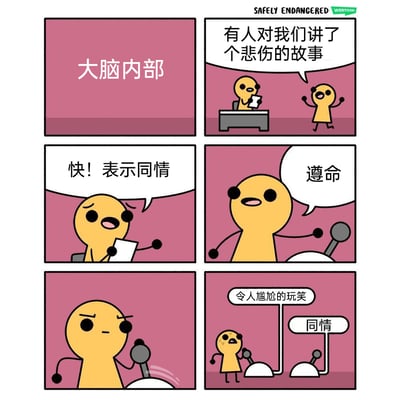 这是一组设定在“大脑内部”的连环卡通漫画，共六个画面：第一个画面点明场景为大脑内部；第二个画面中一个大脑小人兴奋地跑来汇报“有人对我们讲了个悲伤的故事”；第三个画面里指挥的大脑小人面露担忧，下令“快！表示同情”；第四个画面执行的大脑小人应声“遵命”，准备操作摇杆；第五个画面执行的小人误操作了摇杆；第六个画面显示摇杆对应的是“令人尴尬的玩笑”按钮，而“同情”按钮未被按下，执行的小人慌张冒汗，生动地调侃了人们在社交场合中，本想表达同情却不小心说出尴尬玩笑的社死瞬间，用拟人化的大脑运作流程夸张地呈现了社交失误的内心活动。