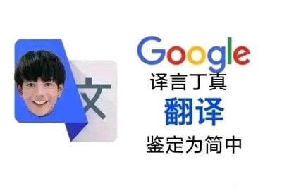 这是一张经过P图改编的静态图文混排图，创作者将谷歌翻译图标中的人物部分替换为网络热门人物丁真的头像，右侧保留谷歌的彩色官方logo，下方配有文字“译言丁真 翻译 鉴定为简中”。图中运用了谐音梗，“译言丁真”谐音“一言定真”，结合谷歌翻译的语言识别、翻译功能，以调侃的方式表明内容为简体中文，属于网友创作的趣味网络迷因图。