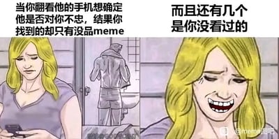 这是一张左右对比的连环卡通meme图，通过女性的情绪反差制造搞笑效果。左侧图中，黄发女性皱着眉头、神情不悦地坐在床边翻看手机，背景里一名男性背对着她在擦拭身体，配文描述她原本是想通过查伴侣手机确认对方是否不忠，结果只找到一堆没品meme；右侧图中，该女性瞬间变成咧嘴大笑、眼含泪水的激动表情，配文表示她发现其中还有几个自己没看过的meme。整个内容用强烈的情绪反差，将原本带有怀疑的查手机行为，转变为被新奇搞笑内容吸引的欢乐场景，精准戳中喜欢meme的用户的笑点，展现了meme爱好者看到新奇搞笑内容时的夸张反应。