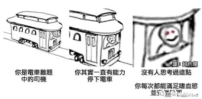 这是一组三格连环黑白卡通图，以黑色幽默的方式对经典伦理学思想实验“电车难题”进行了另类解读。第一格文字点明场景，将观看者代入电车难题里的司机角色；第二格抛出颠覆原设定的观点，指出司机其实一直拥有停下电车的能力；第三格中原本看似普通的司机露出了眼睛发红、表情扭曲诡异的真面目，搭配文字点出这个恶搞解读的核心：司机并非陷入两难困境，而是享受这种选择带来的类似“嗜血”的快感，打破了原问题的严肃伦理学框架，用荒诞的角度重构了场景，制造出强烈的反差幽默。