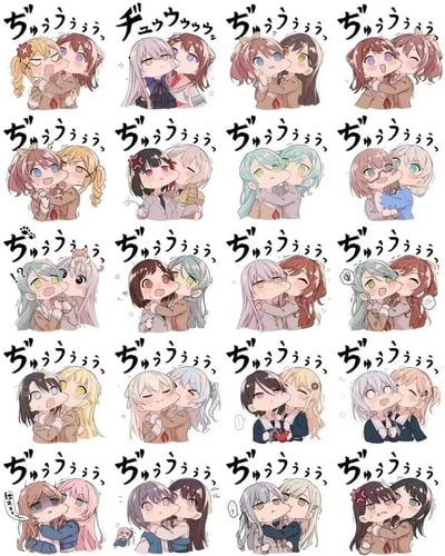 这是一张多图拼接的Q版同人插画合集，集合了二次元音乐企划《BanG Dream!》中的多对女性角色组合，每一组都呈现出角色互相贴脸亲脸颊的亲密互动，搭配日文拟声词“ぢゅううぅぅ”来表现亲吻的软萌音效。画风软萌可爱，每对组合的角色有着不同的表情反应，有的惊喜兴奋，有的害羞窘迫，有的坦然享受，充满百合向的甜蜜氛围，是爱好者对企划中角色CP的创意演绎。