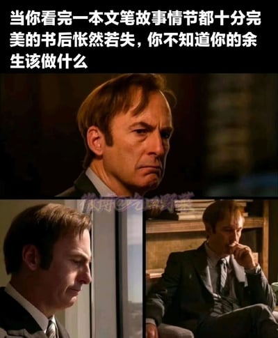 这是一张引发读书爱好者共鸣的梗图，上方配有文字“当你看完一本文笔故事情节都十分完美的书后怅然若失，你不知道你的余生该做什么”，下方拼接了三张美剧《风骚律师》里主角吉米·麦吉尔的剧照：第一张是他神情凝重落寞，侧脸凝视着某处；第二张是他低头怅惘，情绪低落；第三张是他手抵着嘴，静坐陷入沉思。这三张截图精准地还原了读者在读完一本极其优秀的书籍后，因为故事彻底结束、失去精神寄托而产生的空虚、迷茫，仿佛人生失去方向的复杂情绪，让有过相同经历的人能瞬间共情。