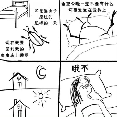 这是一幅四格漫画，通过错位视角制造幽默效果。第一格中，一只甲虫站在床边，配文'又是当虫子度过的超棒的一天 现在我要回到我的虫虫床上睡觉'。第二格显示甲虫在床上，配文'希望今晚一定不要有什么坏事发生在我身上'。第三格通过房子、月亮和太阳的画面转换，表示时间流逝。第四格则揭示真相，一个女孩在床上惊讶地发现甲虫，配文'哦不'。漫画通过甲虫视角将人类的床误认为是自己的床，最后以人类视角揭示误会，形成幽默反差。