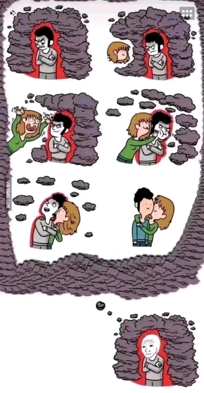 这是一组传递温暖治愈内核的连环卡通漫画，完整讲述了爱意消解负面情绪的过程：
1. 开篇画面：一名黑发男子被红色烟雾包裹的负面情绪空间笼罩，双臂抱胸，满脸愤怒，处于情绪低落的负面状态；随后一名棕发女孩出现在他附近。
2. 女孩看到愤怒的男子后露出震惊的表情，随即主动上前，抱住男子并亲吻他，男子周围代表负面情绪的黑色烟雾开始逐渐消散。
3. 在女孩持续的亲密安抚下，男子的愤怒表情彻底消失，两人亲密相拥，原本的红色负面空间和黑色烟雾完全消散，两人都露出幸福满足的神情。
4. 最终画面揭示，原本的红色负面空间里仅留下一个光头愤怒老人，暗示此前愤怒的男子是被负面情绪的化身所影响，女孩的爱意带走了真正的男子，只留下孤立的负面情绪本体。