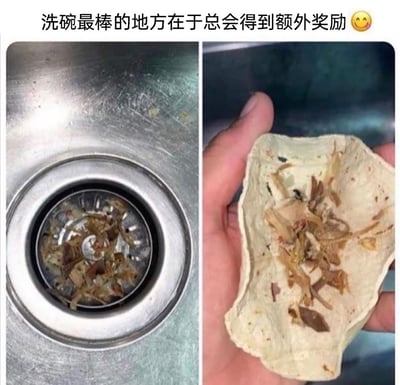 这是一张左右对比的静态趣味梗图，左侧展示了厨房水槽下水滤网中残留的干制食物碎渣，右侧则是一只手将这些碎渣放在一块类似脆饼的食物上，搭配顶部配文“洗碗最棒的地方在于总会得到额外奖励😋”，以幽默的反差感调侃洗碗时清理残渣的日常，把原本让人厌烦的家务小插曲脑补成一份“意外小奖励”，充满生活趣味与搞笑氛围。