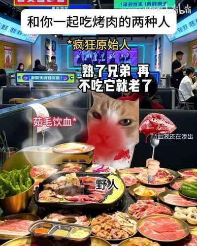 这是一张合成的聚餐梗图，背景是真实的烤肉店用餐场景，摆满了各类生烤肉食材。图中通过P图将一张面部泛红的猫脸放在餐桌前，搭配多处调侃文字：标题“和你一起吃烤肉的两种人”，标注“*疯狂原始人*”“野人”，配文“熟了兄弟 再不吃它就老了”，还有“茹毛饮血*”“*血液还在渗出”的文字，夸张地塑造出吃烤肉时急性子的一类人——不等肉完全烤熟就迫不及待要吃，甚至像原始人一样“茹毛饮血”，用幽默夸张的方式吐槽聚餐吃烤肉时的有趣同伴类型。