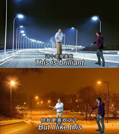 这是一张上下分栏的对比类合成梗图，上半部分展示了夜晚的现代化公路场景，排列整齐的冷白色高杆路灯将宽阔的道路照得明亮通透，画面中的浅色衬衫男子摊开双手做出夸赞的动作，配文“这个是很美啦 This is brilliant”；下半部分则是暖黄色的传统街道路灯场景，灯光柔和，营造出温馨静谧的冬夜氛围，同样的浅色衬衫男子伸出手指向该场景，配文“但我更喜欢这个 But I like this”。通过两种风格迥异的路灯场景对比，直观展现了人们对不同灯光氛围的审美偏好差异，右侧的深色衣服男子在两个场景中均做出互动姿态，呼应左侧男子的表达。