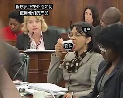 这是一张经过文字加注的P图改编梗图，原型为国外正式会议的现场照片。图中左上角标注文字“程序员正在介绍如何使用他们的产品”，中间的女士被标注为“用户”，她手中的杯子被标注为“软件”，用户做出将杯子往嘴里塞的费力动作，以此夸张地比喻用户在学习使用程序员开发的软件时，因软件难以上手、使用逻辑复杂，仿佛在“硬啃”难用的产品，调侃了程序员开发的产品用户体验差、学习成本高的职场常见矛盾。