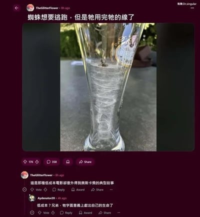 这是一张Reddit社区的社交媒体截图，主图是一只蜘蛛被困在透明玻璃杯中，杯壁上布满了它织出的蛛丝，看起来像是蜘蛛试图依靠蛛丝爬出杯子，但已经耗尽了所有蛛丝却依然没能成功逃脱。帖子楼主配文“蜘蛛想要逃跑，但是牠用完牠的線了”，随后楼主自己补充评论“這是那種低成本電影卻意外得到奧斯卡獎的典型故事”，将蜘蛛的逃生行为调侃成一部投入全部却收获寥寥的“悲情小电影”；另有用户评论“低成本？兄弟 牠字面意義上獻出自己的生命了”，进一步放大了这个场景的搞笑反差感，把蜘蛛的无奈处境玩成了梗，充满戏谑趣味。
