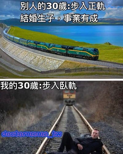 上下对比图，上方是行驶在风景优美路线上的火车，配文'别人的30岁:步入正轨 结婚生子，事业有成'；下方是一名男子躺在铁轨上，前方有火车驶来，配文'我的30岁:步入卧轨'。使用了谐音梗，'步入正轨'（人生顺利）与'步入卧轨'（躺在铁轨上）形成幽默对比。