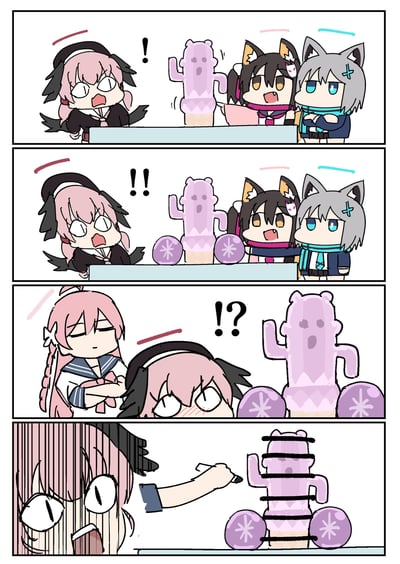四格漫画展现了兽耳少女们与神秘紫色物体的互动日常。第一格：粉发兽耳娘（黑发耳饰）面露震惊（！），身旁紫色仙人掌状生物站立，右侧黑发猫耳娘与灰发猫耳娘（带十字发饰）笑容满面；第二格：场景不变，紫色物体两侧新增圆形花纹物体，粉发娘惊讶升级（！！）；第三格：视角下移，原粉发娘俯身露出困惑表情（！？），紫色物体抬手，左侧新增抱臂闭眼的粉发双马尾娘；第四格：双马尾娘特写，正用黑笔给紫色物体画上多层横线使其呈堆叠状。整体风格为可爱的Q版卡通，无文字对话仅靠表情动作推进剧情。