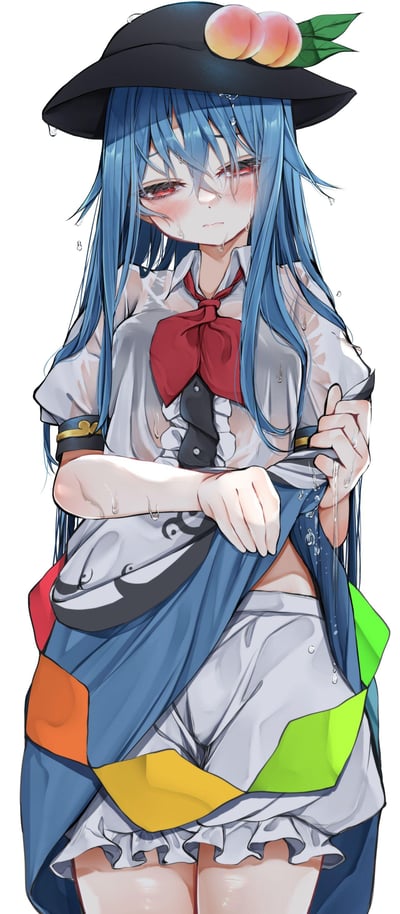 这是《东方Project》角色比那名居天子的二次同人插画，角色全身被水打湿，发丝与衣物上挂着清晰的水珠，脸颊泛起红晕，眼含湿润的委屈神情，正用双手撩起自己的裙摆，露出内层衣物，整体画面传递出柔弱、羞涩的氛围，无谐音梗或双关内容。