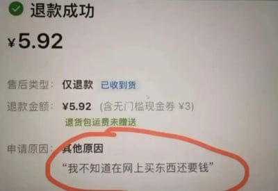 这是一张电商平台的退款成功页面屏幕截图，页面显示退款金额为5.92元，售后类型为仅退款且用户已收到货，退款金额包含3元无门槛现金券，退货包运费未赠送。最引人注目的是用户填写的退款申请理由，在“其他原因”下备注了“我不知道在网上买东西还要钱”，这个理由显然是荒诞且不符合常理的，属于用户为了退款编造的整活式借口，充满了搞笑的反差感，大概率是用户用来调侃或者恶意退款的离谱说辞。