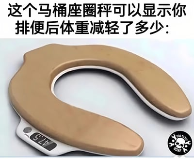 图片展示了一个创意产品——金色马桶座圈秤，其侧面带有数字显示屏，显示数值为4.75。图片上方配有文字说明："这个马桶座圈秤可以显示你排便后体重减轻了多少:"。该产品设计将体重秤功能集成到马桶座圈中，旨在提供一种便捷的方式测量排便前后的体重变化，具有幽默和实用的双重属性。