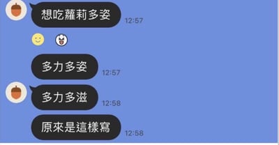 这是一张聊天记录截图，背景为蓝色，聊天头像是橡果图标。聊天者一开始将知名零食“多力多滋”误写成“蘿莉多姿”，紧接着发送了一个微笑表情和一个抓狂表情，随后先后修改为“多力多姿”“多力多滋”，最后发出“原來是這樣寫”的感慨，展现了记不清正确写法、反复纠正的搞笑过程。其中“蘿莉多姿”和“多力多滋”是谐音，因发音相近导致输入错误，属于谐音类的输入失误梗。