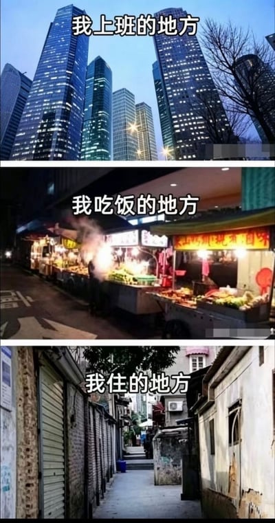 这是一张由三张照片纵向拼接而成的中文梗图。上图标题为“我上班的地方”，画面是傍晚或入夜时分的中央商务区，多栋玻璃幕墙摩天大楼灯火密集，显得现代、繁华且高大。中图标题为“我吃饭的地方”，画面转到夜间街边，一排小吃摊亮着灯泡，摊位上摆放食材，锅灶附近蒸汽升腾，充满廉价、热闹的市井气息。下图标题为“我住的地方”，呈现一条狭窄老旧的小巷，两侧是低矮、墙面斑驳的民居或出租屋，远处虽能看到楼房，但整体环境简陋拥挤。三张图并置形成强烈反差：工作地点光鲜亮丽，日常吃饭和居住却在路边摊与老旧小巷中，调侃普通上班族或外来务工者表面在高端商务区上班，实际生活条件朴素甚至拮据，表达了打工生活的真实感、压力感和空间反差。