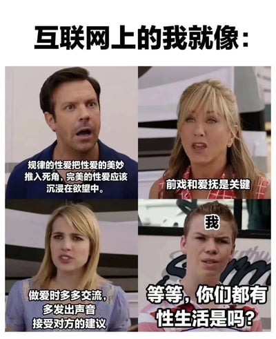 这是一张四格拼接的搞笑梗图，上方标题为“互联网上的我就像：”。前三格分别是三位不同的人在严肃讨论关于性爱的话题，内容包括规律性爱、前戏爱抚和交流沟通等。第四格是一个惊讶的年轻人，额头贴着“我”的标签，配文“等等，你们都有性生活是吗？”，用幽默方式表达了在网络上看到他人讨论亲密话题时的尴尬与格格不入。