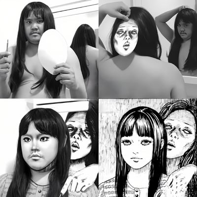 四格漫画展示了一个戴长发的人如何通过面具和绘画技巧，将自己的形象逐步转变为动漫风格的角色。从手持空白面具开始，到戴上画有表情的面具，再到面部特征的细化，最后呈现出完整的动漫风格肖像。
