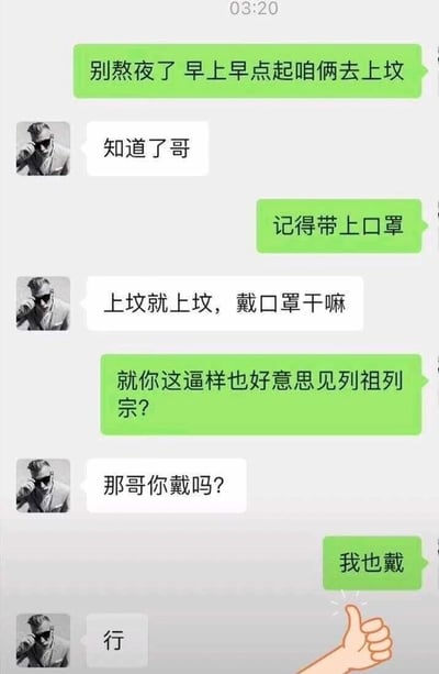 这是一张竖屏的聊天记录静态截图，顶部显示时间为03:20。对话发生在一对兄弟之间，哥哥首先提醒熬夜的弟弟早点休息，约定次日一起去上坟，随后叮嘱弟弟记得戴口罩。弟弟疑惑上坟戴口罩的用途，哥哥吐槽弟弟的模样没脸见列祖列宗，弟弟反问哥哥是否也戴口罩，得到哥哥肯定的答复后，弟弟回复“行”，并配有一个点赞的手势表情。整个对话用自嘲式的幽默制造笑点，将戴口罩的理由从常规的防疫转化为“没脸见祖宗”，既贴合年轻人的自嘲心态，又充满趣味。