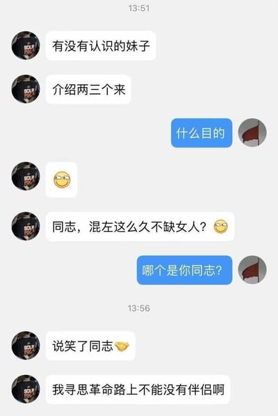 这是一段竖屏的即时通讯软件聊天记录截图，对话时间从13:51延续到13:56，对话双方的头像分别是印有“SOLF ROCK”字样的黑衣图案和红旗图案。对话开篇，黑衣头像用户直接请求对方介绍两三个妹子，红旗头像用户询问其目的；黑衣头像用户先发送斜眼笑表情，接着调侃对方“混左这么久不缺女人？”并附带眨眼笑表情，被对方反问“哪个是你同志？”后，又发送握手表情打圆场，最后用一句“我寻思革命路上不能没有伴侣啊”的玩笑话，将找对象的需求用“革命”的说法包装起来，整个对话充满诙谐的玩梗氛围，用严肃的“革命”语境来调侃日常脱单需求，反差感拉满，十分搞笑。