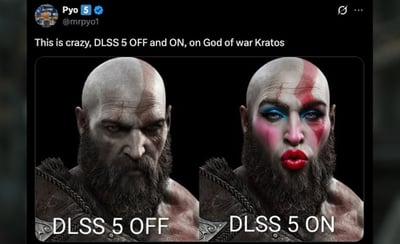 这是一张左右对比的玩梗图，是热梗“DLSS 5 ON”的典型案例：左侧是游戏《战神》主角奎托斯原本的形象，标注文字“DLSS 5 OFF”，保留了奎托斯粗犷硬朗、布满皱纹的硬汉质感；右侧标注“DLSS 5 ON”，奎托斯被修改为涂满浓艳蓝眼影、粉色腮红、大红唇的网红美颜风格，脸型被磨平修软，五官变成千篇一律的AI网红脸效果，反差强烈，充满讽刺效果，该图截取自X平台用户Pyo（@mrpyo1）的发帖。