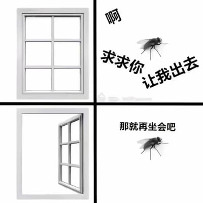 这是一张黑白风格的四格搞笑漫画。第一格（左上）展示了一扇紧闭的六格玻璃窗；第二格（右上）画了一只苍蝇，旁边配有倾斜的文字“啊 求求你 让我出去”，表现出苍蝇被困室内急于飞出的焦急状态；第三格（左下）窗户被向内打开，留出了畅通的出口；第四格（右下）苍蝇却依然停在原地，配文“那就再坐会吧”。漫画通过苍蝇在窗户关着时拼命想出去，窗户打开后却反而不想走了的反差行为，调侃了现实中飞虫难以捉摸的习性，也暗喻了某些人或事物的逆反心理，产生了荒诞的喜剧效果。