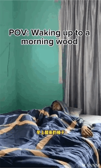 这是一个制造视觉错位的搞笑动态GIF，画面中一名男性躺在床上，被子覆盖的部分搭配旁边伸出的假人手臂，形成了类似男性晨勃的视觉错觉。图上方配有英文文本“POV: Waking up to a morning wood”，下方有中文翻译字幕“早上醒来的样子”，利用“morning wood”（指代男性晨勃的俚语）和视觉错位形成双关笑点，用荒诞的道具摆拍调侃尴尬的生理现象，效果滑稽搞笑。
