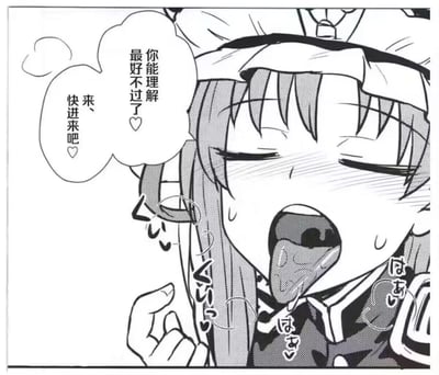 这是一张黑白二次元同人漫画风格的表情包，出自《舰队Collection》的角色鹿岛，图中的鹿岛满脸通红、额头和脸颊挂着汗珠，吐着湿润的舌头，露出娇羞又诱惑的表情，同时通过带爱心的气泡对话框说出「你能理解最好不过了♡」「来、快进来吧♡」的台词。
台词与角色的表情动作带有明显的性暗示，属于露骨的成人向邀约类内容。