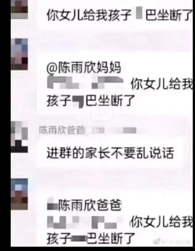 这是一张家长群聊天记录截图，显示一位家长指责另一位家长的女儿坐断了自己孩子的身体部位（部分文字被模糊处理）。被指责方家长要求群内家长不要乱说话，而指责方继续重复控诉。