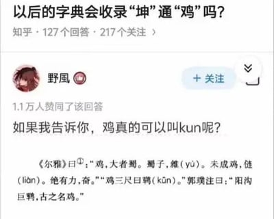 该图片为知乎平台上的一个问答截图，展示了关于“坤是否会被字典收录为‘鸡’的通假字”的讨论场景。截图中包含问题标题、平台信息（127个回答、217个关注），以及用户“野風”的回答内容。回答引用《尔雅》中的记载，指出古代“鸡三尺曰鹍(kūn)”，郭璞注称“阳沟巨鹍，古之名鸡”，以此说明“鸡”在古汉语中确实有“鹍(kūn)”这一称谓，回应了问题中关于“坤”与“鸡”关联性的讨论。