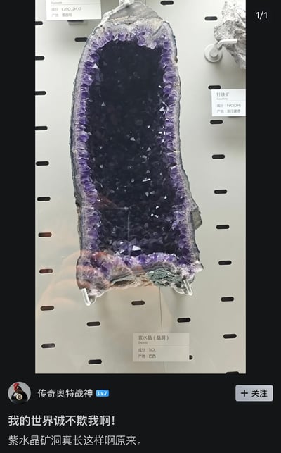 这是一张社交媒体分享的图文内容，上半部分是博物馆的矿石展陈场景，主体为产自巴西的紫水晶晶洞，其外形狭长，洞口及内部密集生长着大量紫色的水晶晶体，外形酷似人类足部，旁边还有标注该晶洞成分、产地的说明标牌，周围也能看到其他矿石的展签；下半部分是网友发布的评论，调侃这款紫水晶晶洞的外形和沙盒游戏《我的世界》里的紫水晶矿洞完全一致，感叹游戏内容写实。另外该晶洞的特殊外形也被网友玩梗，衍生出相关趣味调侃言论。