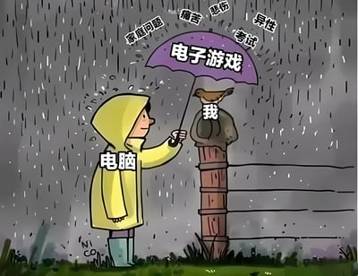 卡通风格插画描绘了一个雨天场景：穿着黄色雨衣、标有“电脑”字样的角色正手持一把紫色雨伞，伞面标注“电子游戏”，为被绑在栅栏柱上、标有“我”字样的人物遮雨。天空中落下的雨滴被标注为“家庭问题”“痛苦”“悲伤”“异性”“考试”等生活压力源，形象地比喻电子游戏（通过电脑）成为人们逃避现实烦恼的“保护伞”。