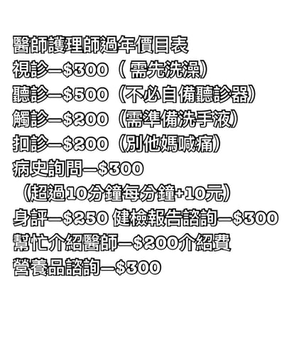 这是一张以“醫師護理師過年價目表”为标题的幽默文字图，内容模拟医疗服务价格清单，列出了视诊、听诊、触诊等多种医疗项目及对应收费标准，并附加了搞笑条件，如“视诊需先洗澡”“扣诊别他妈喊痛”“病史询问超过10分钟每分钟+10元”等，通过夸张和调侃的方式制造喜剧效果，反映出对过年期间可能遇到的相关场景的幽默吐槽。