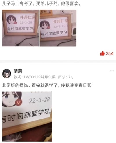 这是一张结合动漫《孤独摇滚！》设定创作的搞笑玩梗截图，图中展示的摆件表面印着「有时间就要学习」的文字，看似是适合高考生的鼓励学习装饰，但摆件印的角色井芹仁菜的设定是退学组建乐队的音乐人，下方评价的「看完就退学了，使我演奏春日影」也对应了相关剧情设定，形成强烈的反讽笑点，调侃这款摆件非但起不到鼓励学习的作用，反而会勾起人效仿角色退学搞音乐的想法。