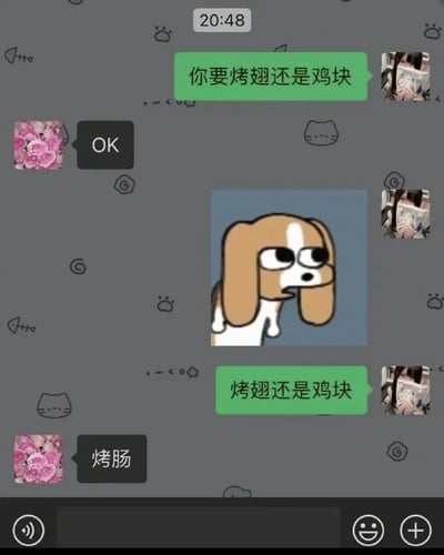 这是一张聊天记录截图，背景为灰色，顶部显示时间20:48。左侧聊天头像为粉色花朵图案，依次发送了“OK”和“烤肠”两条消息；右侧为绿色对话气泡，先后发送“你要烤翅还是鸡块”和“烤翅还是鸡块”，气泡旁伴有小图。中央位置是一只戴着眼镜、耷拉着长耳朵的卡通狗狗，表情困惑，似乎对对话内容感到犹豫。图片通过“二选一”却给出第三种答案的反差，营造出搞笑效果。
