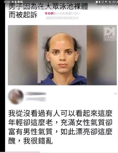 图片为一张图文混排的屏幕截图，顶部标题为'男子因為在大眾泳池裸體而被起訴'，旁有日文辅助文字'その手負いの心を救いたい'及其中文翻译'想拯救那顆你焦慮不安的心'。中间是一张人物 mugshot 照片，人物头顶光秃、两侧有卷曲黑发，身着蓝色连帽衫，表情平静。图片下方有一段评论文字，描述对该人物外貌的矛盾感受：'我從沒看過有人可以看起來這麼年輕卻這麼老，充滿女性氣質卻富有男性氣質，如此漂亮卻這麼醜，我很錯亂'。右上角可见'DANK MEMES'水印。