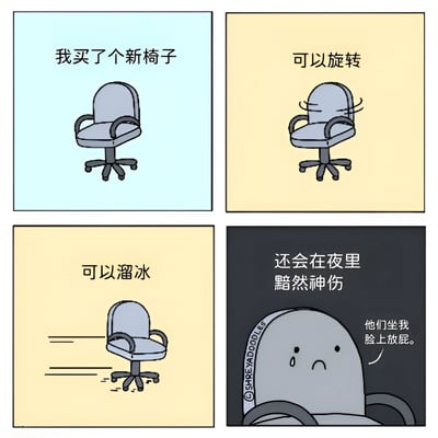 四格漫画展示了一把多功能办公椅的有趣故事。第一格：浅蓝色背景，普通办公椅，配文“我买了个新椅子”；第二格：黄色背景，椅子正在旋转，配文“可以旋转”；第三格：黄色背景，椅子正在移动，配文“可以溜冰”；第四格：深色背景，椅子特写，带着悲伤表情和一滴眼泪，配文“还会在夜里黯然神伤”，并在对话框中说“他们坐我脸上放屁。”。通过拟人化手法，将普通办公椅赋予情感，形成幽默反差。